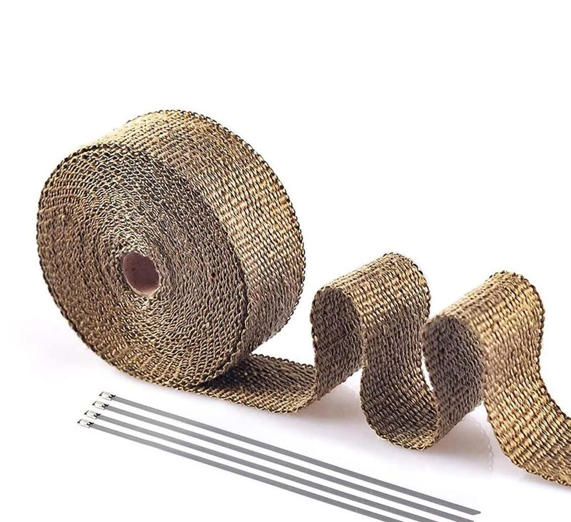 PACEWALKER Titanium Exhaust Wrap 1" x 16' Roll for Motorcycle Fiberglass Heat Shield Tape with Stainless Ties - Image 1